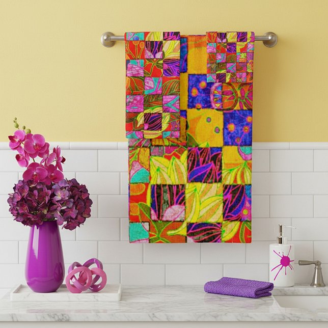 Bohemian checkered floral bath towel set (Creator Uploaded)