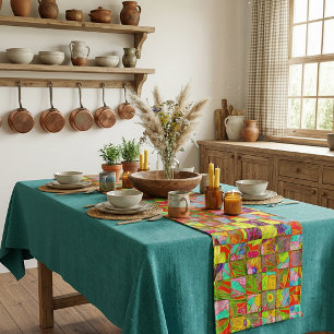 Bohemian checkered floral short table runner