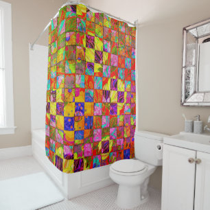 Bohemian checkered floral shower curtain