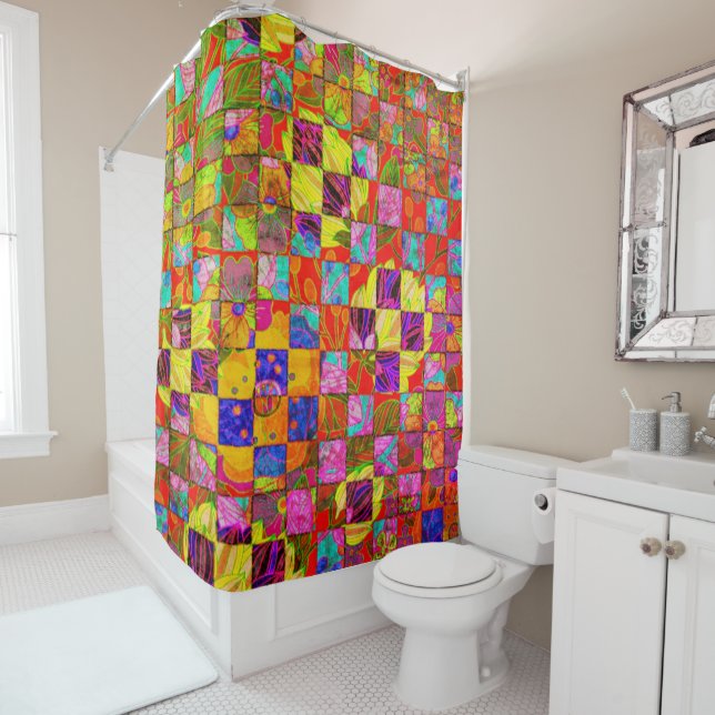 Bohemian checkered floral shower curtain (In Situ)