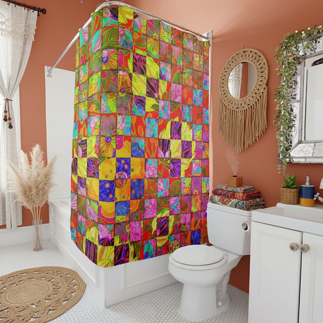 Bohemian checkered floral shower curtain (Creator Uploaded)