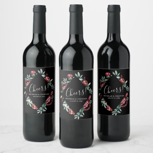 Bohemian Cheers Black Red Roses Wedding Wine Label