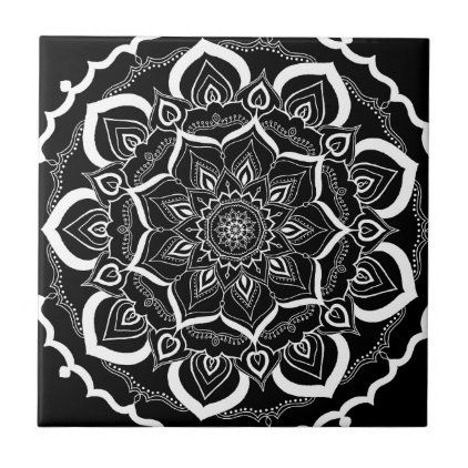 Bohemian Chic Black Henna Mehendi Mandala Pattern Ceramic Tile