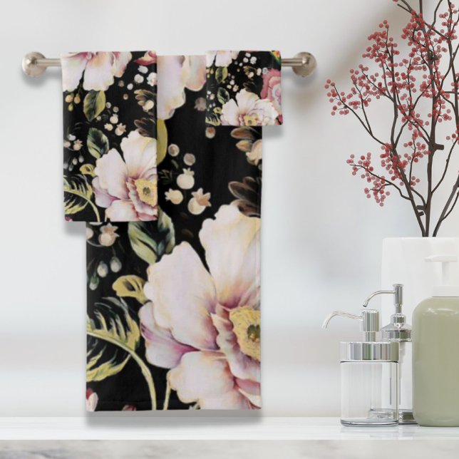 bohemian chic blush pink flowers dark floral bath towel set (bohemian chic blush pink flowers dark floral bath towel set)