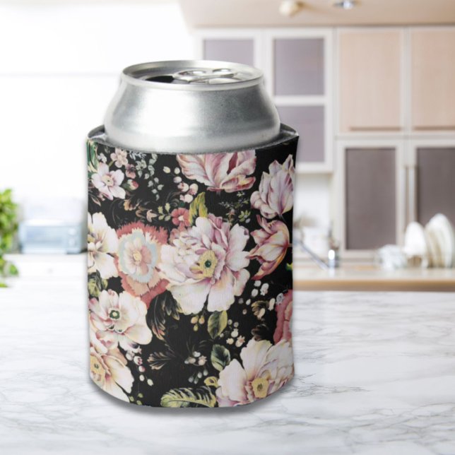 bohemian chic blush pink flowers dark floral can cooler (bohemian chic blush pink flowers dark floral can cooler)