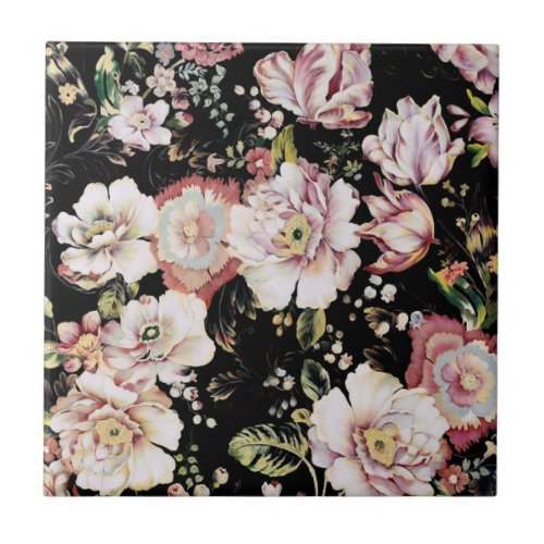 bohemian chic blush pink flowers dark floral ceramic tile