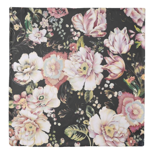bohemian chic blush pink flowers dark floral duvet cover (Front)