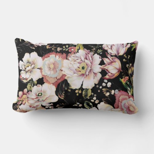 bohemian chic blush pink flowers dark floral lumbar pillow