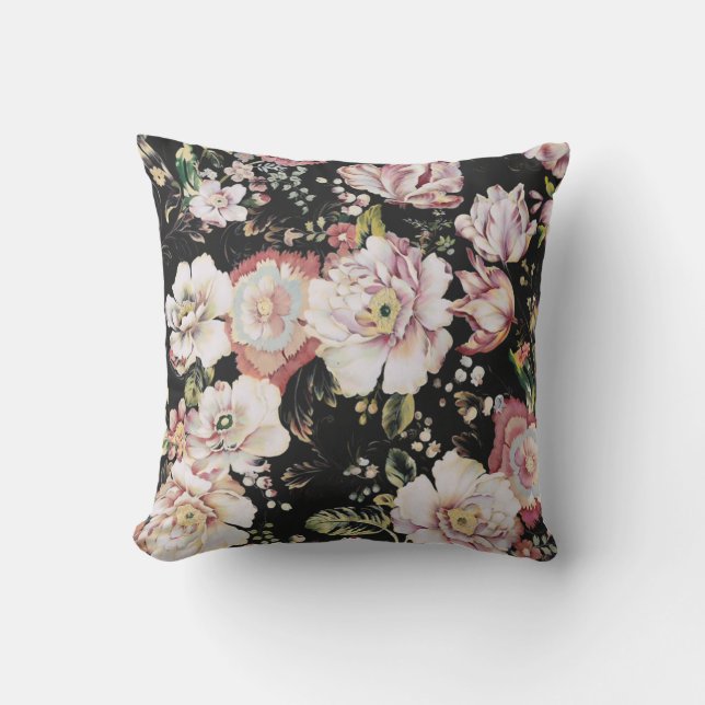 bohemian chic blush pink flowers dark floral outdoor pillow (Front)