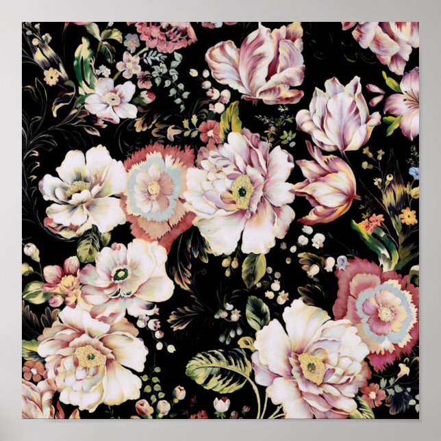 bohemian chic blush pink flowers dark floral poster (Front)
