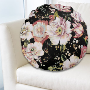 bohemian chic blush pink flowers dark floral round pillow