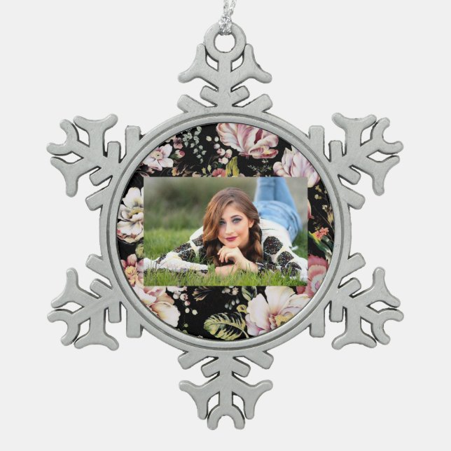 bohemian chic blush pink flowers dark floral snowflake pewter christmas ornament (Front)