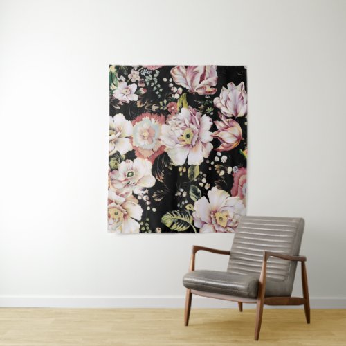 bohemian chic blush pink flowers dark floral tapestry