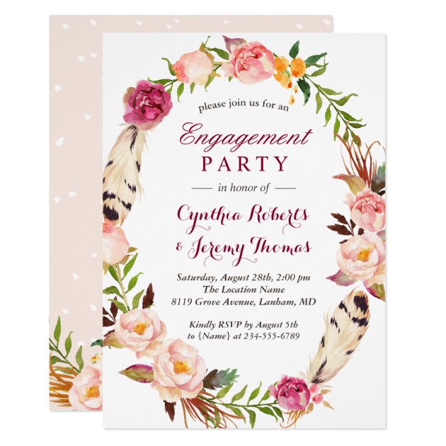 Bohemian Chic Boho Floral Wreath Engagement Party Card (front side)