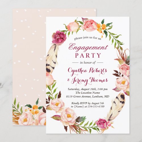 Bohemian Chic Boho Floral Wreath Engagement Party Card