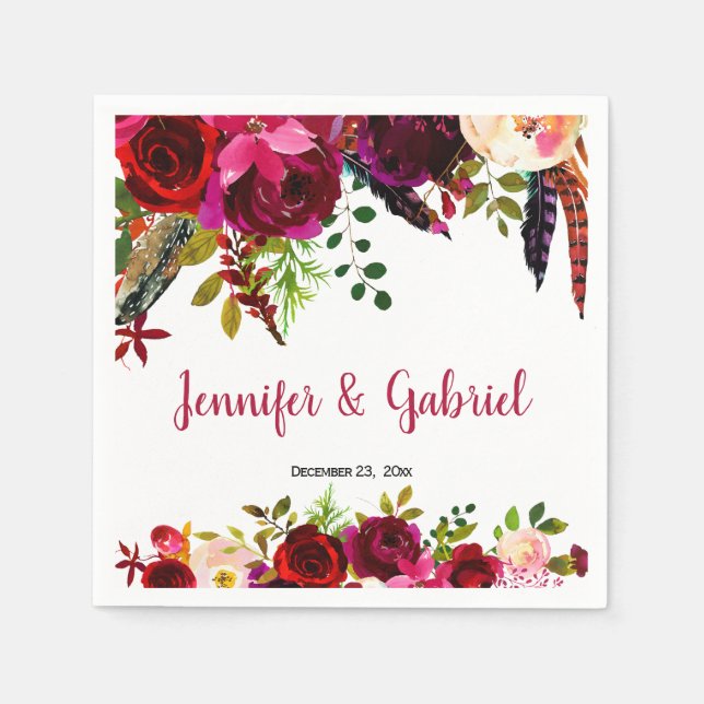 Bohemian Chic Burgundy Marsala Floral Wedding Napkins (Front)