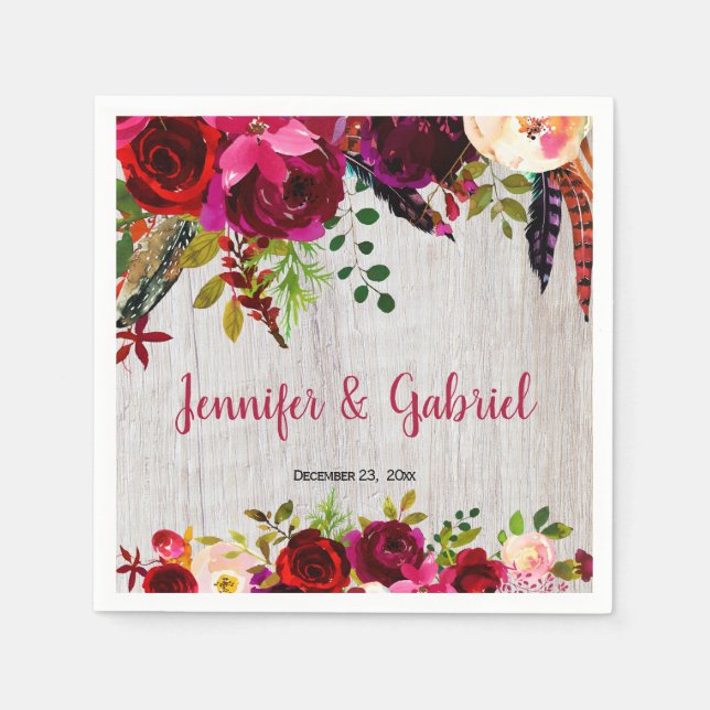Bohemian Chic Burgundy Marsala Floral Wood Wedding Napkins (Front)