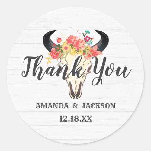 Bohemian Chic Cow Skull Floral Wedding Thank You Classic Round Sticker