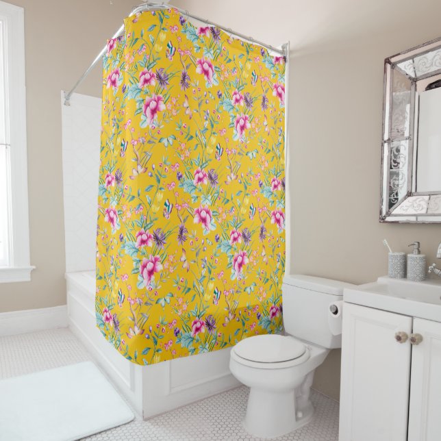 Bohemian Chic Floral & Butterflies Mustard Yellow Shower Curtain (In Situ)