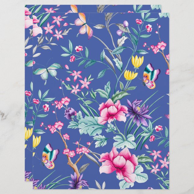 Bohemian Chic Floral Pattern Blue Scrapbook Paper (Front/Back)