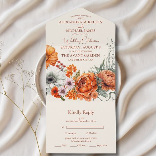 Bohemian Chic Floral Terracotta Wedding All In One Invitation