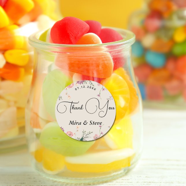 bohemian chic floral thank you wedding  classic round sticker (Creator Uploaded)