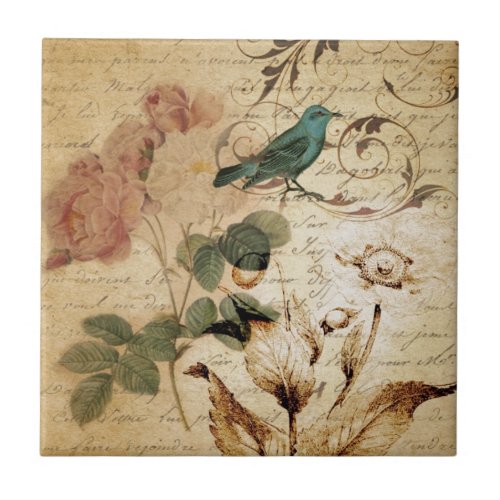 Bohemian chic  Paris Scripts bird french botanical Ceramic Tile