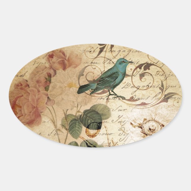 Bohemian chic  Paris Scripts bird french botanical Oval Sticker (Front)