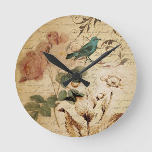 Bohemian chic  Paris Scripts bird french botanical Round Clock