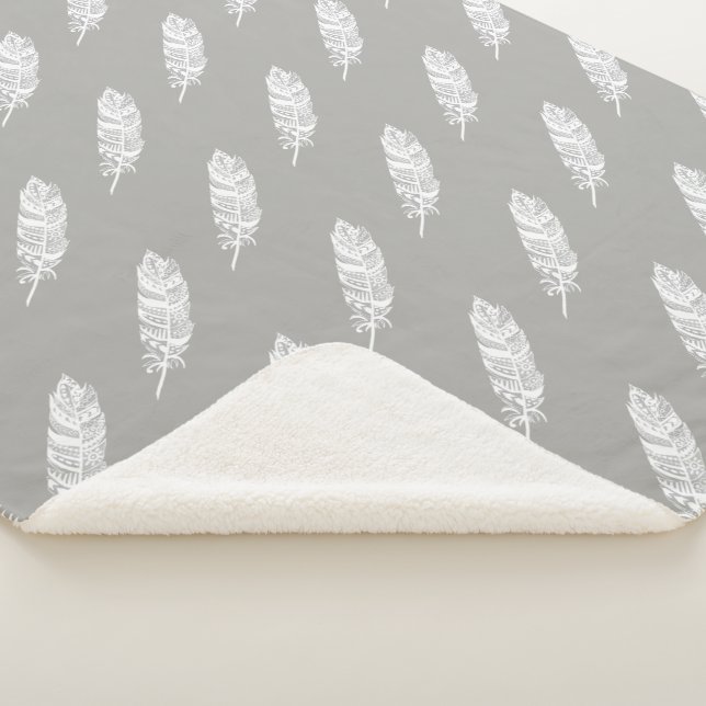 Bohemian Chic White Tribal Feathers & Gray Sherpa Blanket (3/4)