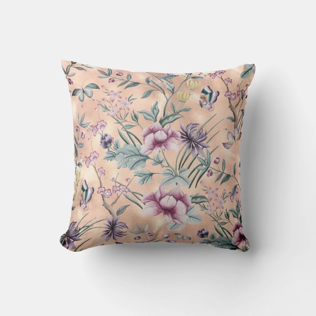 Bohemian Chinoiserie Tropical Teal Butterfly Peach Throw Pillow (Front)
