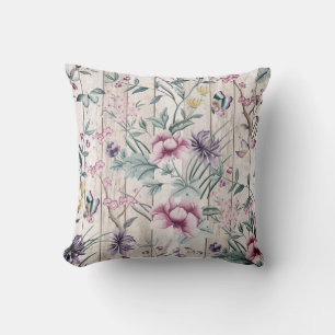 Bohemian Chinoiserie Tropical Teal Butterfly Wood Throw Pillow