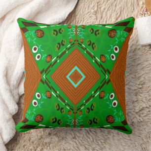 Bohemian Chintz Illustration Green Brown Turquoise Throw Pillow