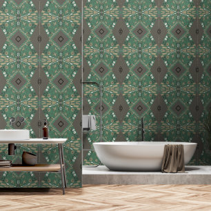 Bohemian Chintz Illustration Green Mushroom White Wallpaper