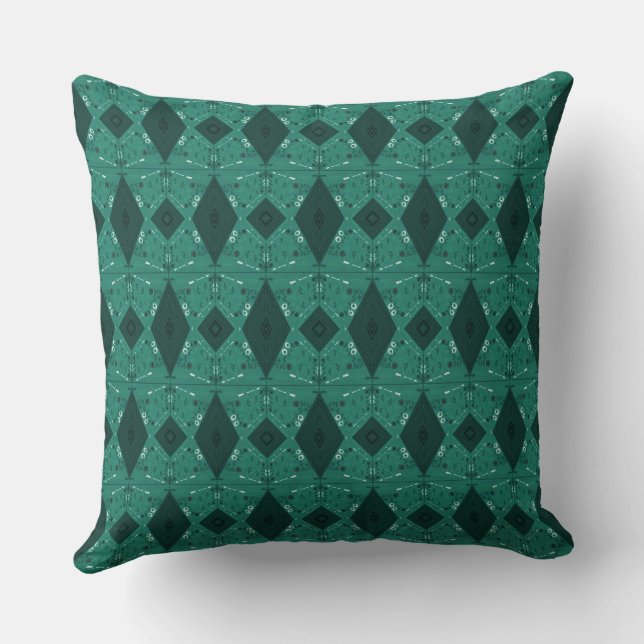 Bohemian Chintz Illustration Micro Teal Green Throw Pillow (Back)