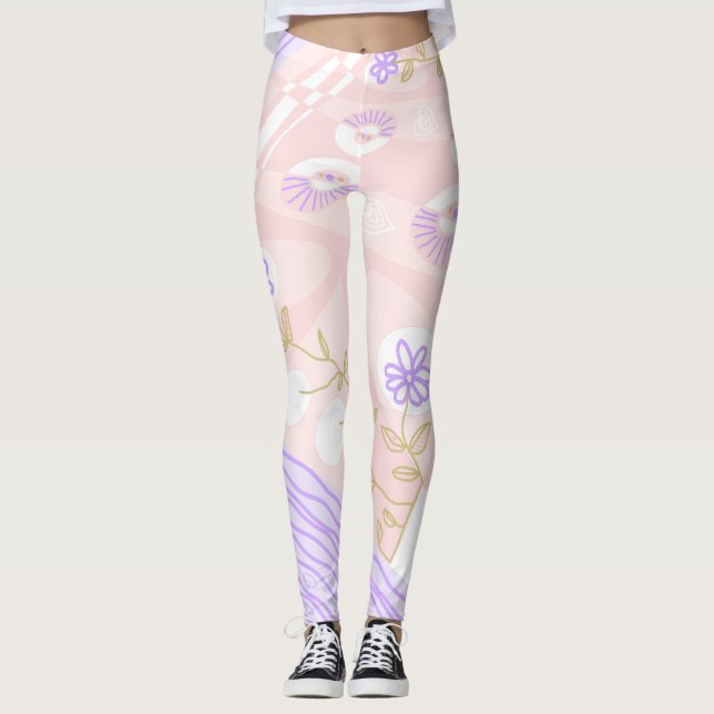 Bohemian Chintz Illustration Pastel Pink Lavender Leggings (Front)