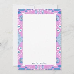Bohemian Chintz Illustration Pink Blue White Name Note Card