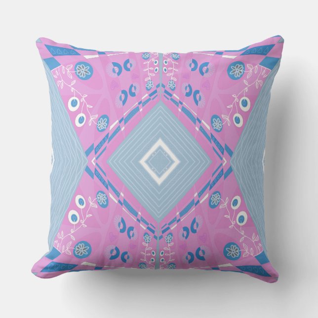 Bohemian Chintz Illustration Pink Blue White  Throw Pillow (Front)
