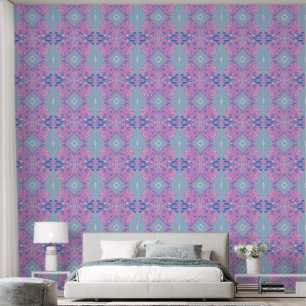 Bohemian Chintz Illustration Pink Blue White Wallpaper