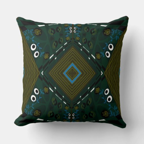 Bohemian Chintz Illustration Teal Olive Airforce  Throw Pillow