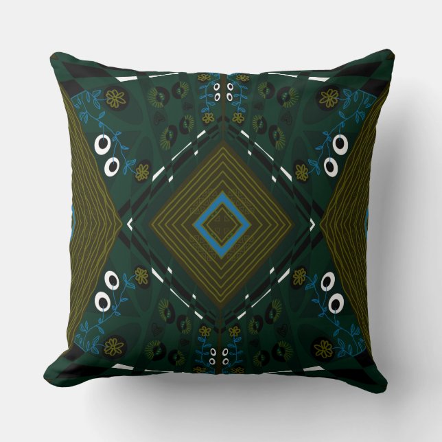 Bohemian Chintz Illustration Teal Olive Airforce  Throw Pillow (Front)