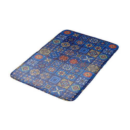 Bohemian Cobalt Blue Folk Art Geometric Motifs Bath Mat