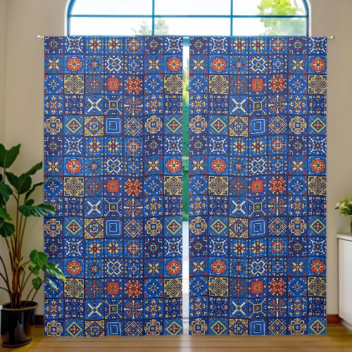 Bohemian Cobalt Blue Folk Art Geometric Motifs Blackout Curtains