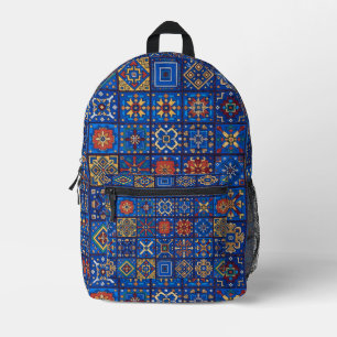 Bohemian Cobalt Blue Folk Art Geometric Motifs Printed Backpack
