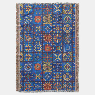 Bohemian Cobalt Blue Folk Art Geometric Motifs Throw Blanket