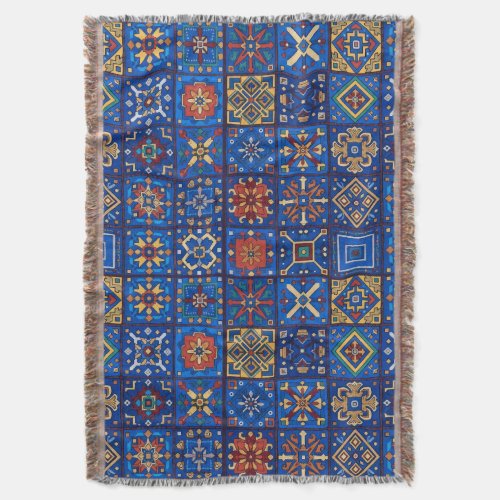 Bohemian Cobalt Blue Folk Art Geometric Motifs Throw Blanket