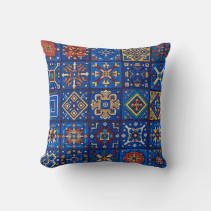 Bohemian Cobalt Blue Folk Art Geometric Motifs Throw Pillow