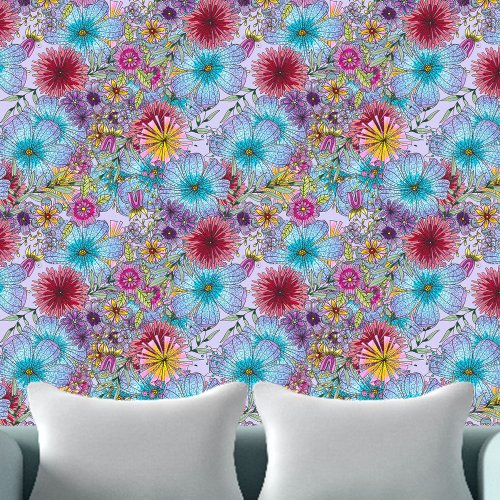 Bohemian Colorful Blooming Flowers and Leaves Wallpaper
