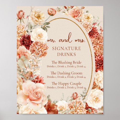 Bohemian colorful fall floral  signature drinks poster