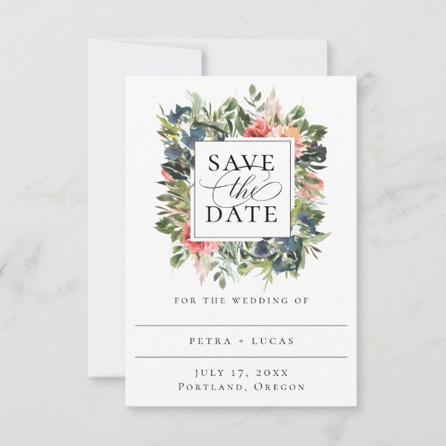 Bohemian Coral Floral Frame Save The Date Announcement (Front)